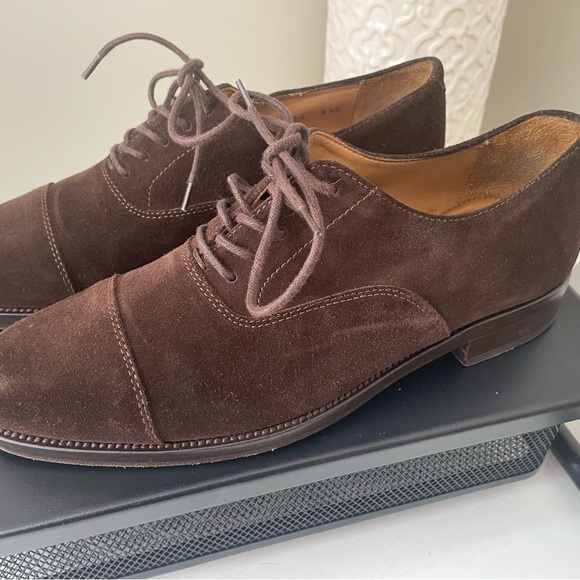 Polo Ralph Lauren Dark Brown Suede Oxfords SZ 8.5 Men’s Made In Italy - Picture 1 of 7